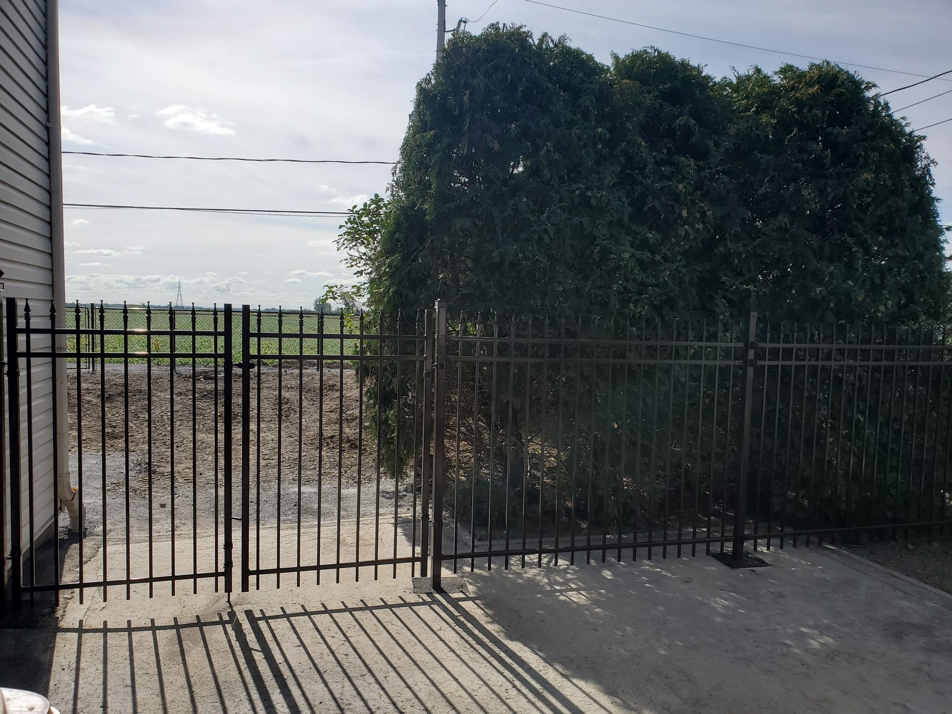 Une clГґture noire entoure une cour avec des arbres en arriГЁre-plan