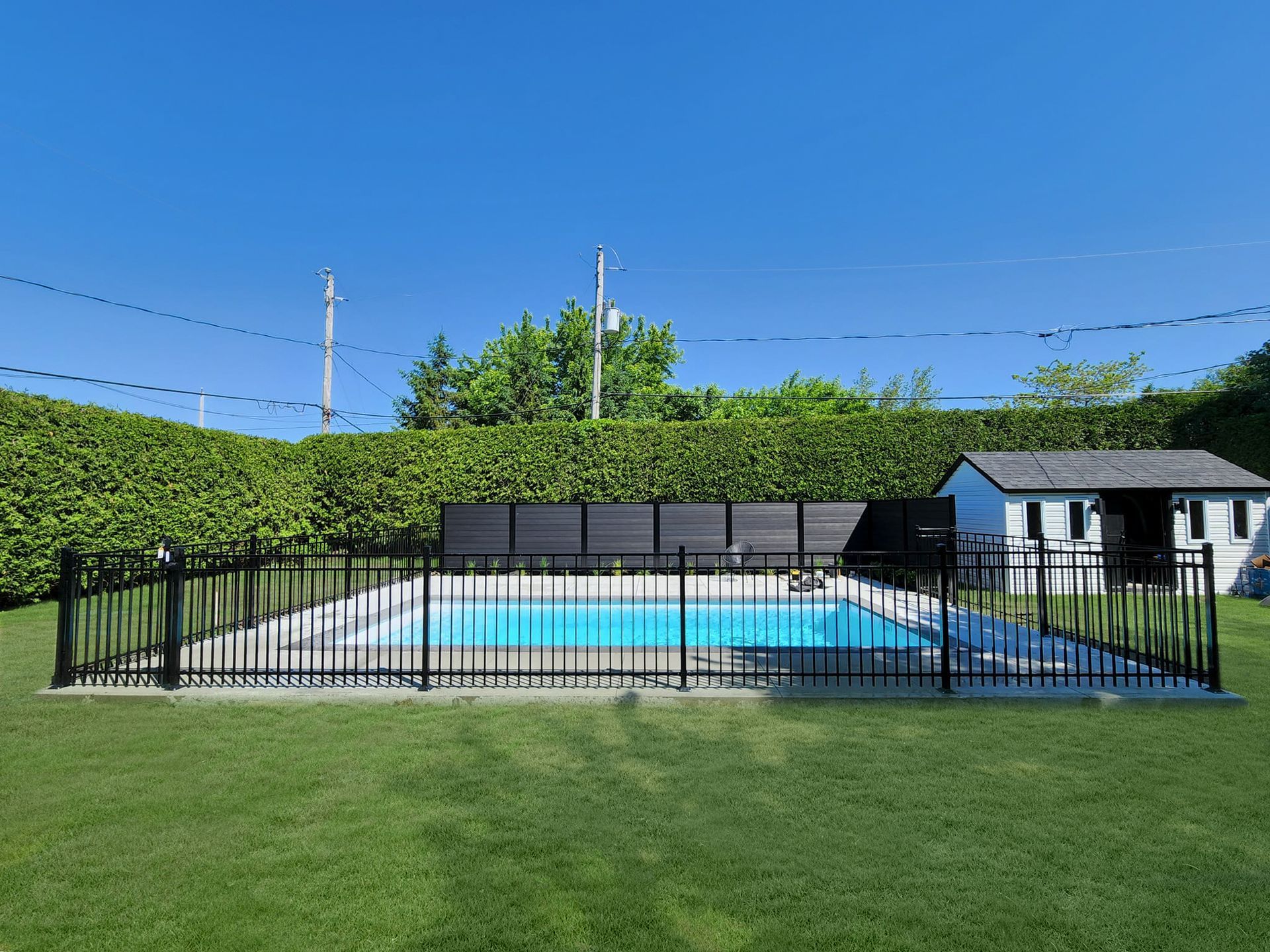 Une grande piscine entourГ©e d'une clГґture noire dans une cour arriГЁre.